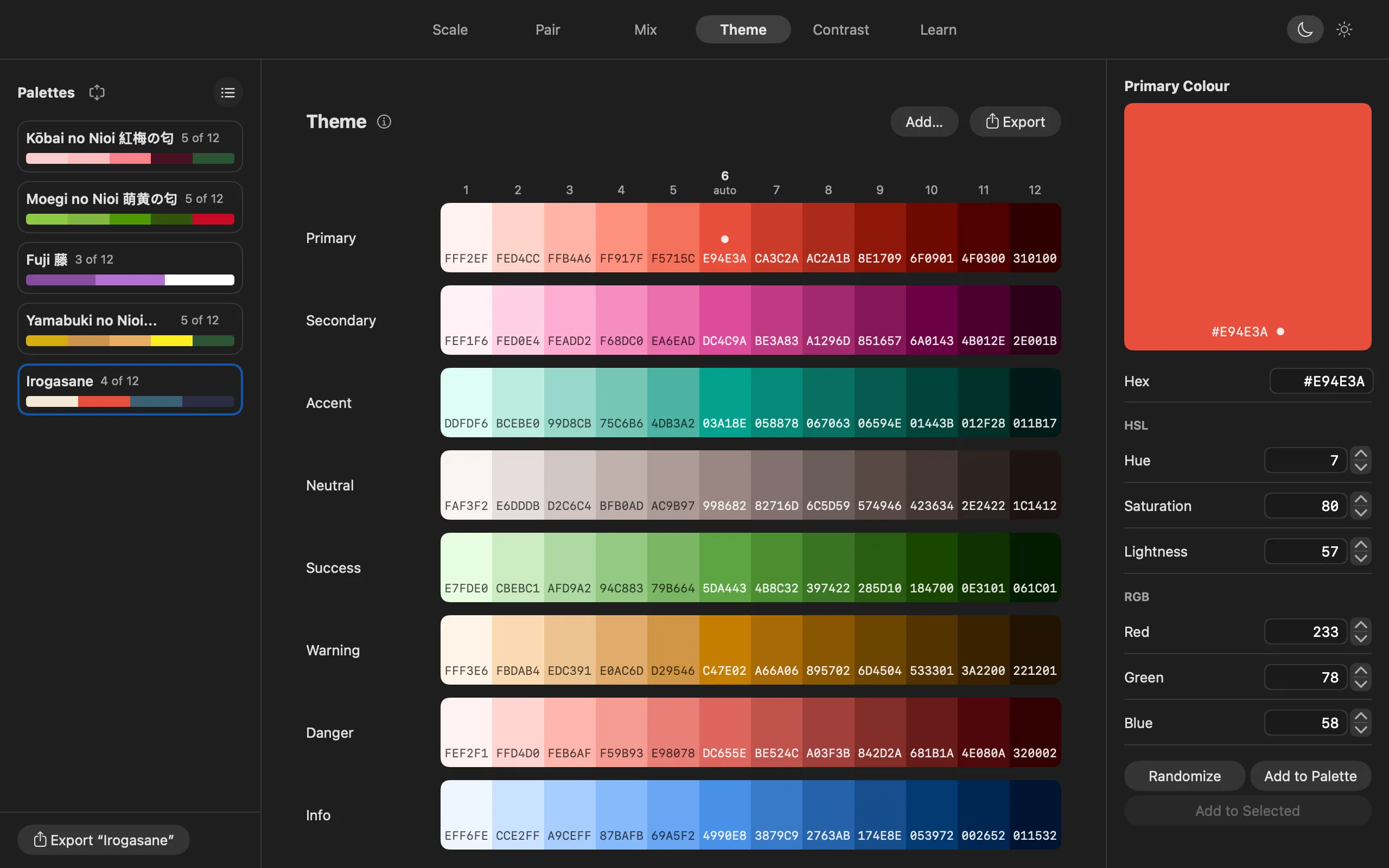 The Theme tab, eight rows of twelve steps from light to dark.
